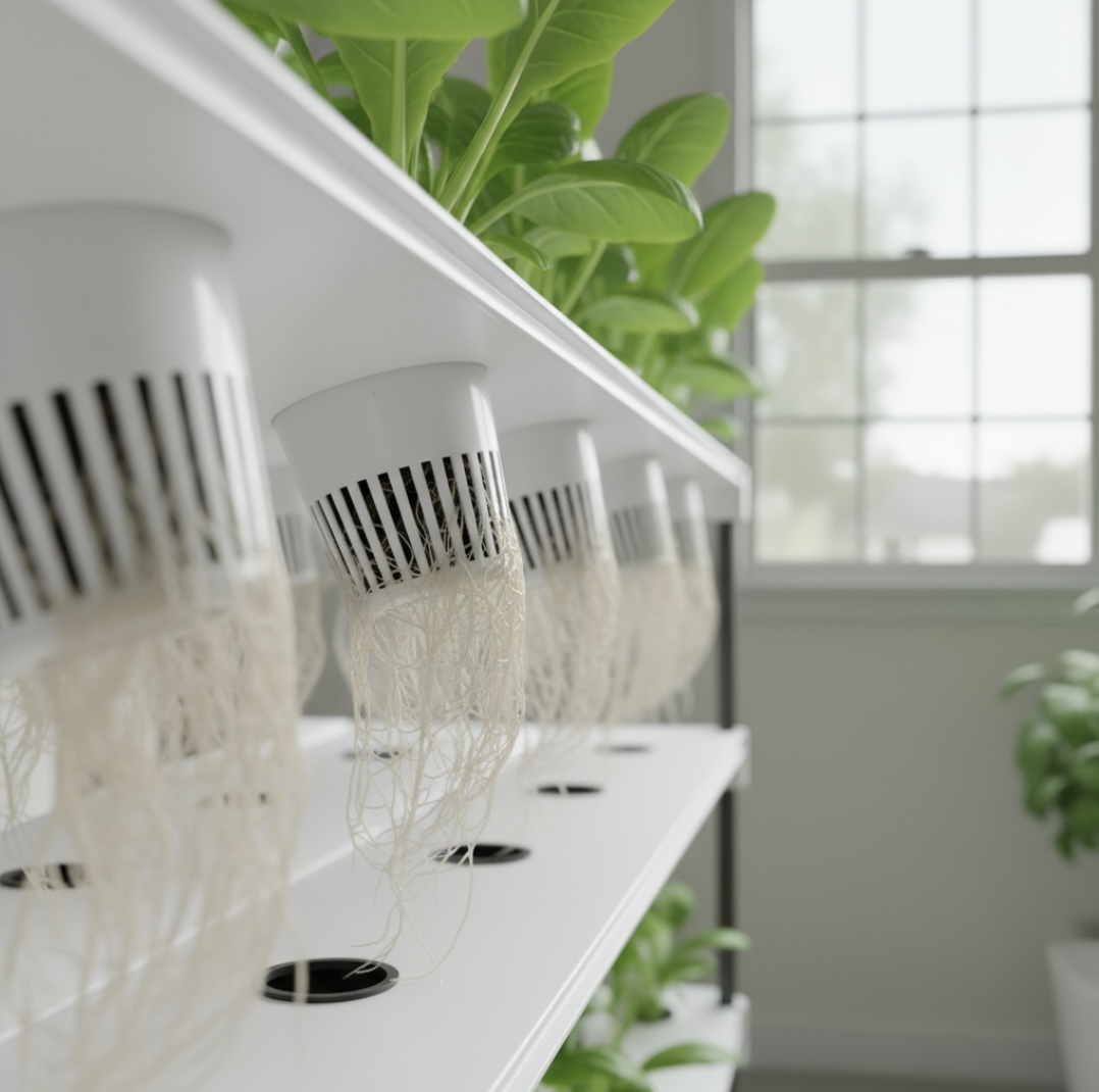 Système hydroponique LVLIA montrant les racines aériennes et la circulation nutritive