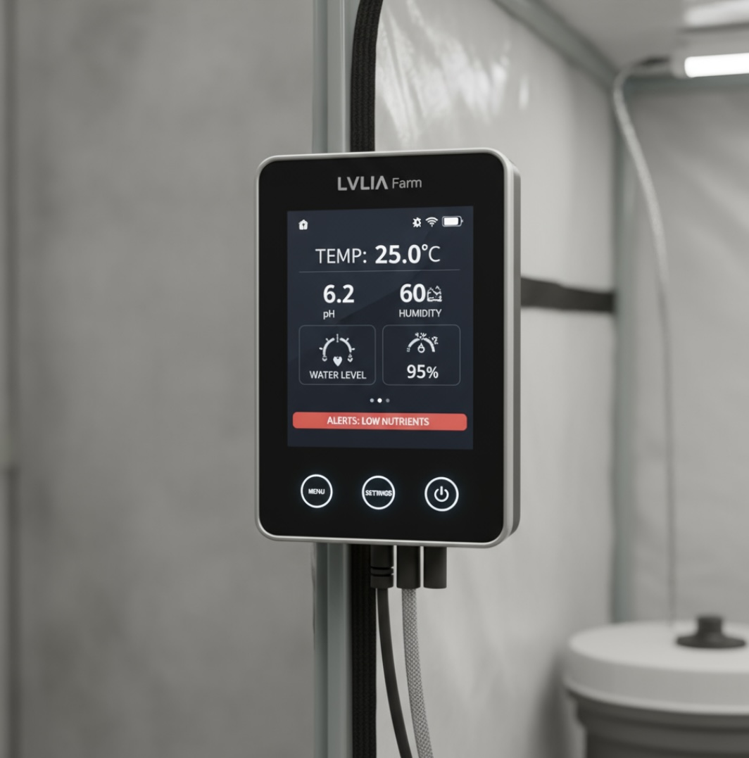 Tablette affichant le tableau de bord LVLIA Farm avec indicateurs climatiques